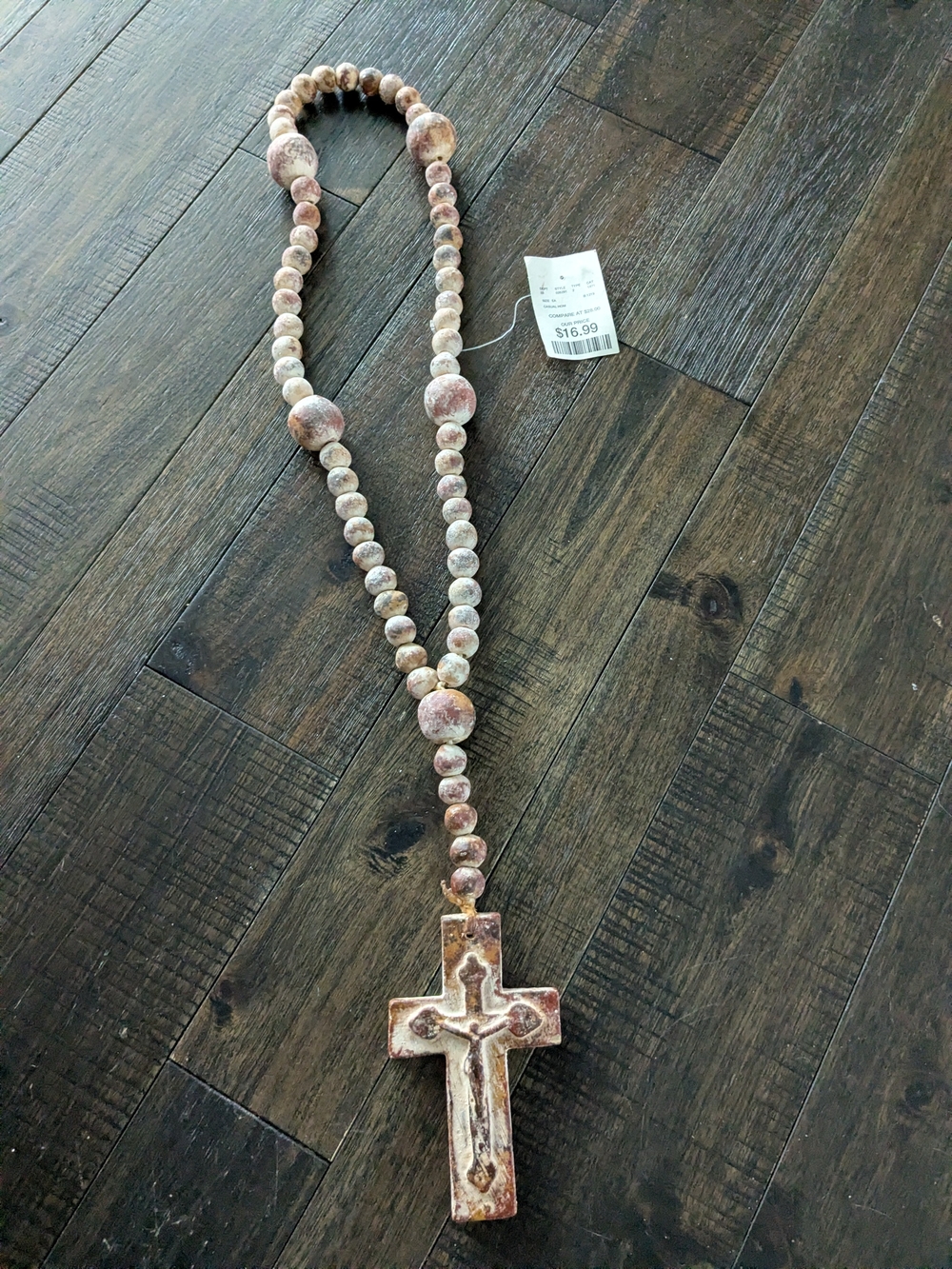 Source Unknown Pink-Beige Beaded Cross Wall Necklace